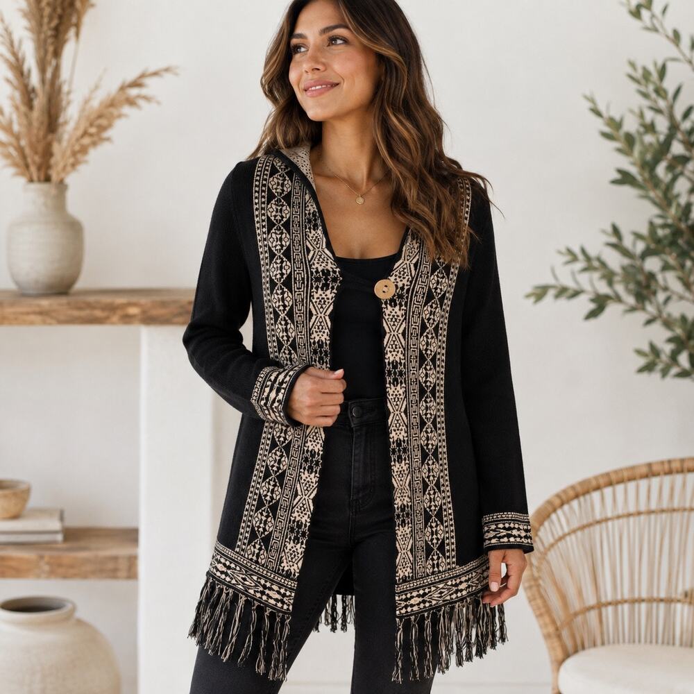 Lucky Brand Women’s Medium Black Cream Hooded Fringe Cardigan Boho Sweater
